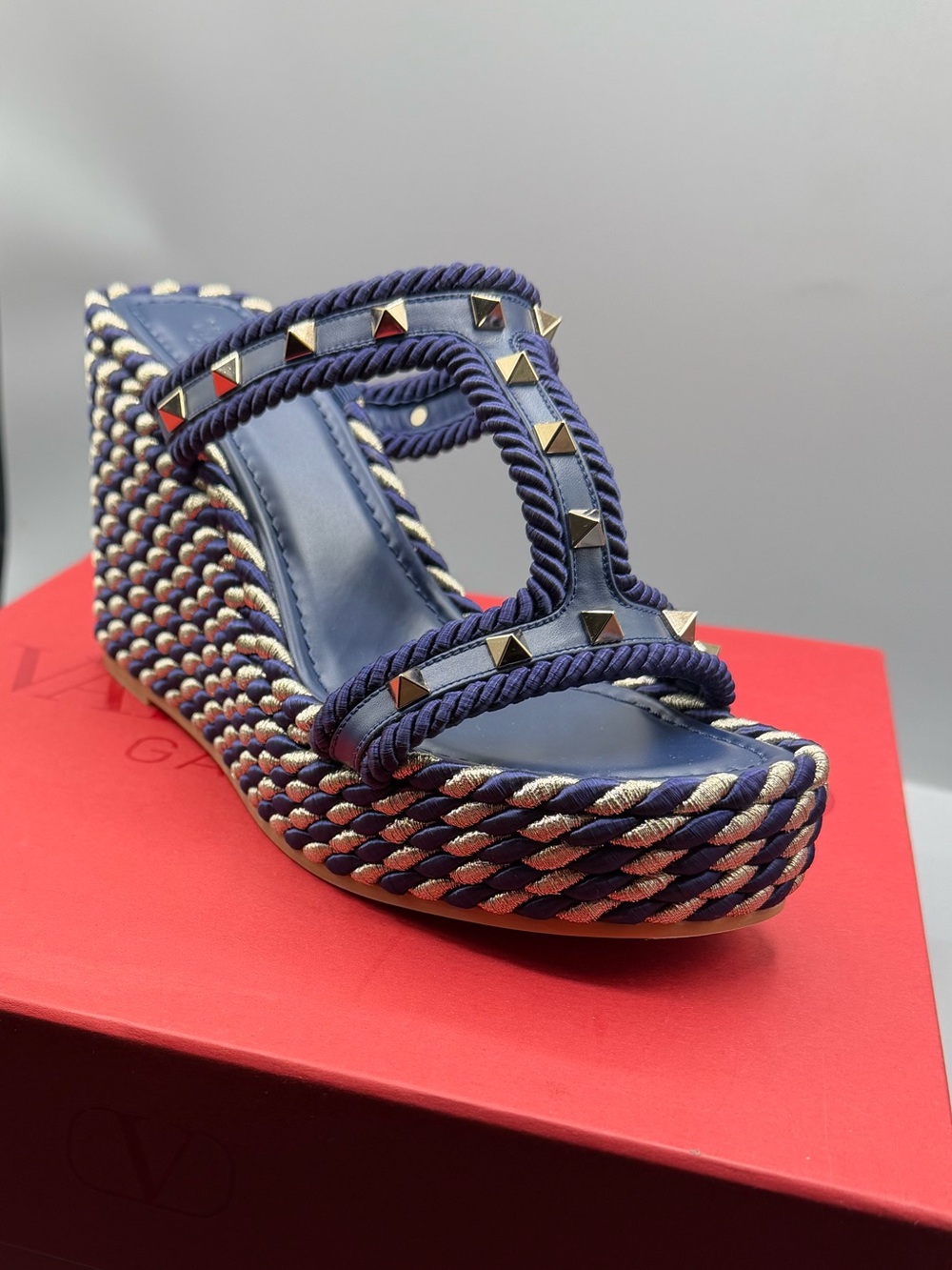 Valentino Blue Rope Wedge Sandals with Stud Detailing